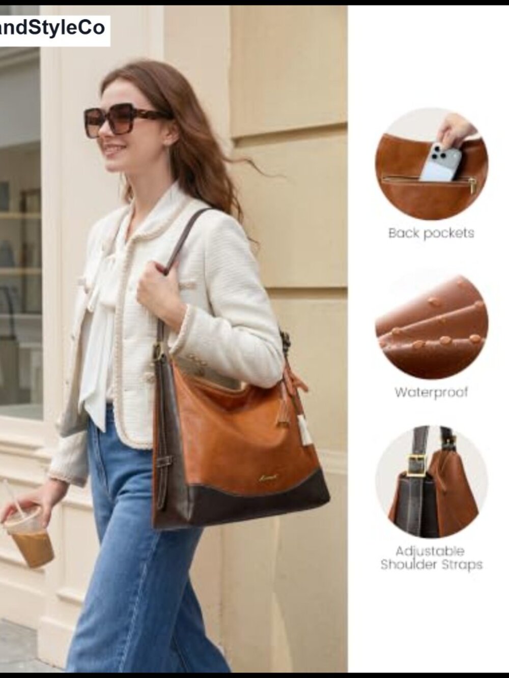 Vegan Leather Hobo Bag with Cup Holder, Adjustable Crossbody Strap - Picture 5 of 6